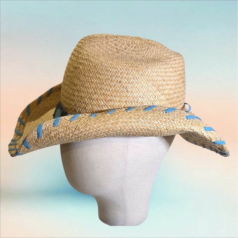 BULLHIDE Delmar Straw Cowboy Hat Rodeo Leather & Faux Turquoise Buckle Size L - Picture 2 of 8